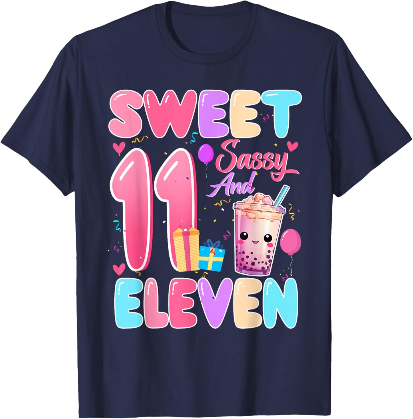 Sweet Sassy and Eleven 11th Birthday Bubble Boba Tea T-Shirt - T-Shirt | Navy