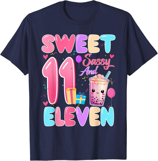 Sweet Sassy and Eleven 11th Birthday Bubble Boba Tea T-Shirt - T-Shirt | Navy