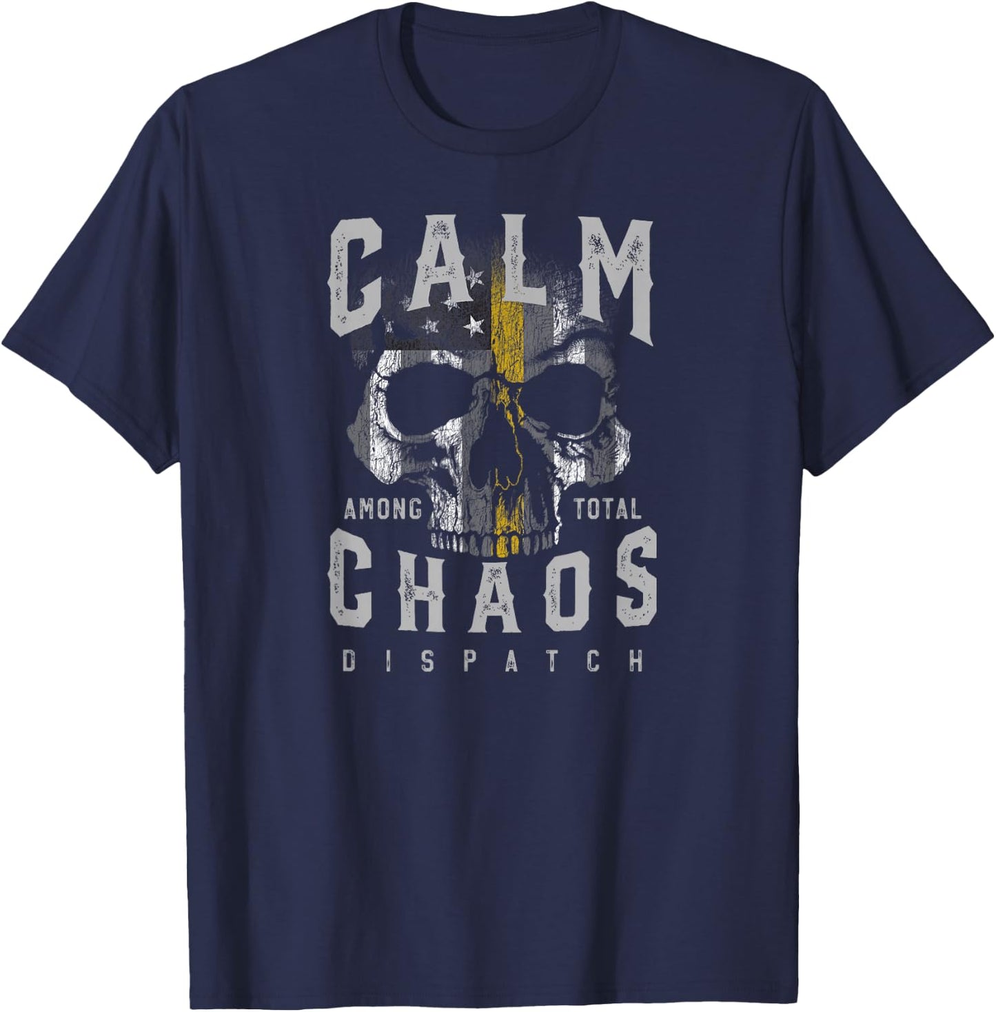 Thin Gold Line LEO Emergency Dispatcher Skull American Flag T-Shirt - T-Shirt | Navy