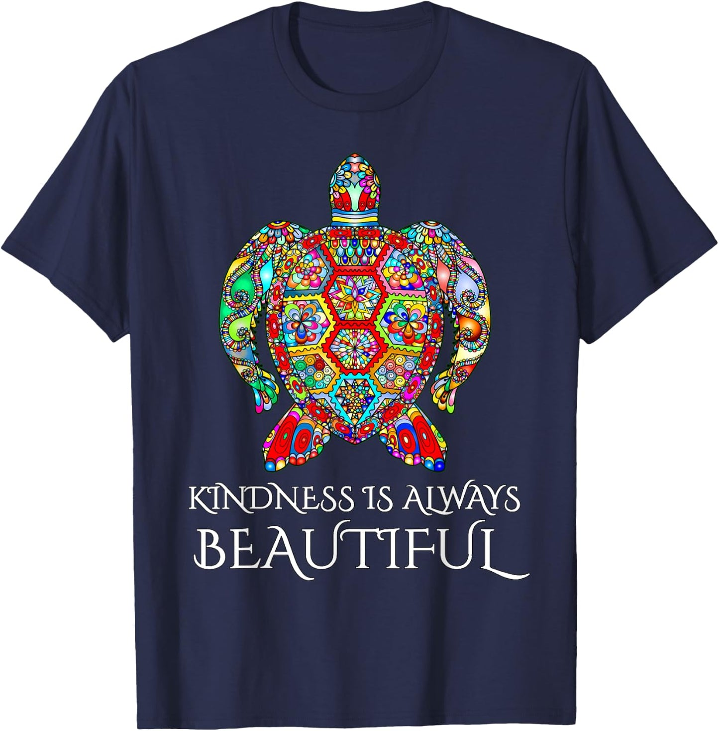 Sea Turtle Mandala Vibrant Art Ocean Life Kindness T-Shirt - T-Shirt | Navy