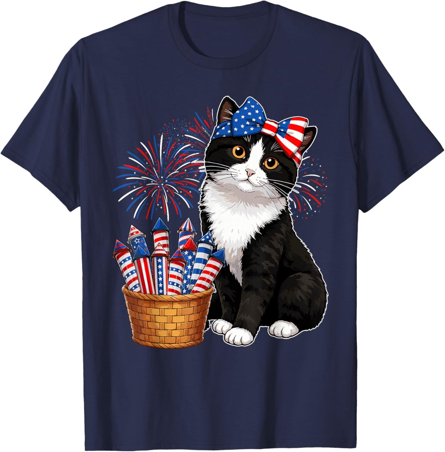 4th of July Tuxedo Black and White Cat Fireworks USA Flag T-Shirt - T-Shirt | Navy