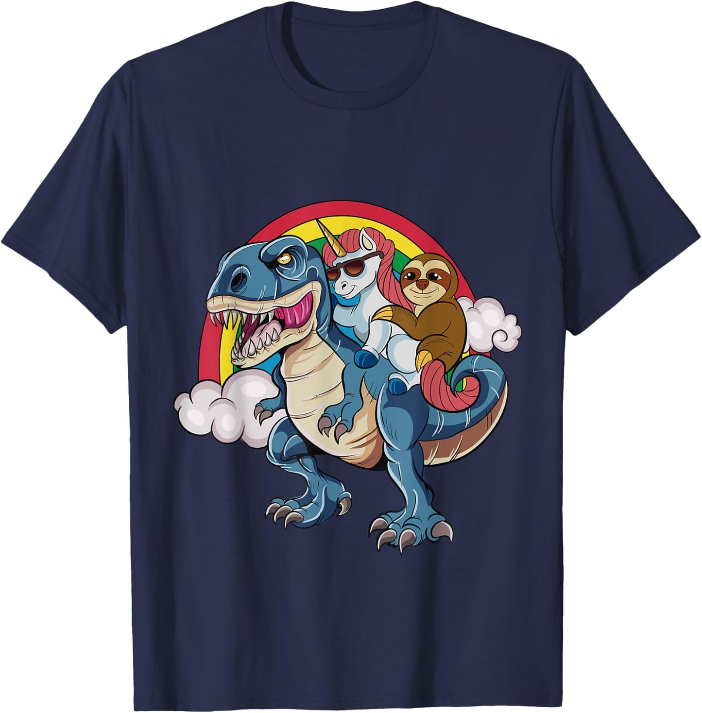Magical Unicorn & Sloth Riding A Dinosaur Rainbow T Shirt T-Shirt - T-Shirt | Navy