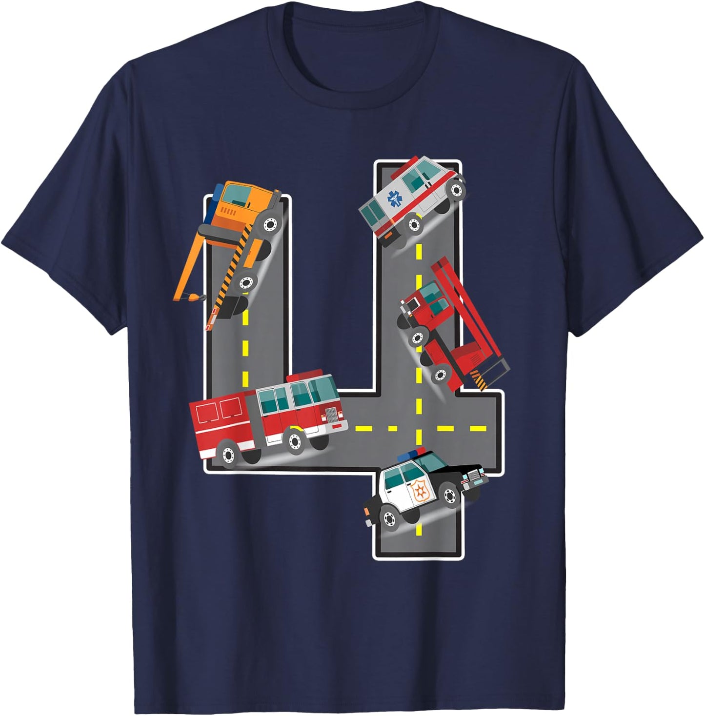 Four Year Old 4th Birthday Fire Truck Ambulance Police Car T-Shirt - T-Shirt | Navy