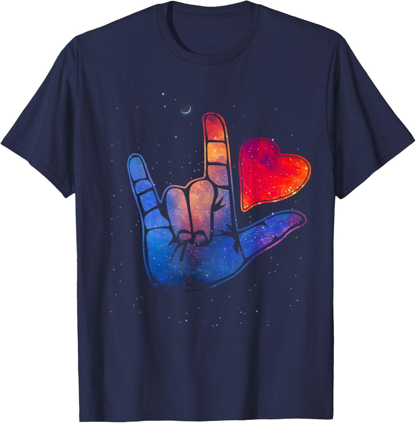 Sign Language I Love You T Shirt Space Stars Heart Gift T-Shirt - T-Shirt | Navy