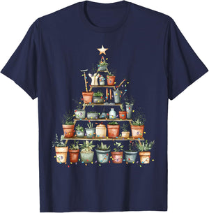 Potted Plant Christmas Tree Lights Gardening Gardener Xmas T-Shirt - T-Shirt | Navy