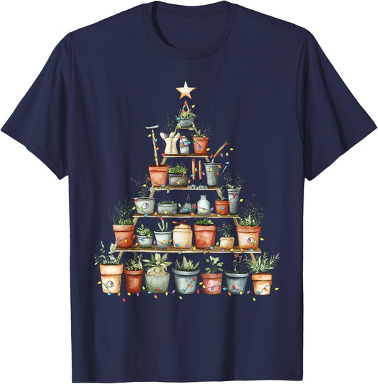 Potted Plant Christmas Tree Lights Gardening Gardener Xmas T-Shirt - T-Shirt | Navy