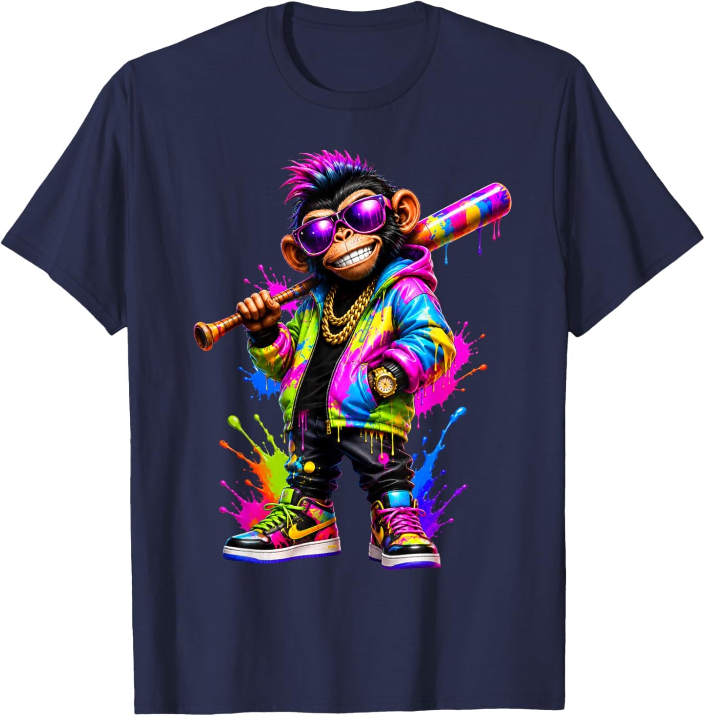 Monkey Baseball Drip Funny Animal Party Sport Cool Graphic T-Shirt - T-Shirt | Navy
