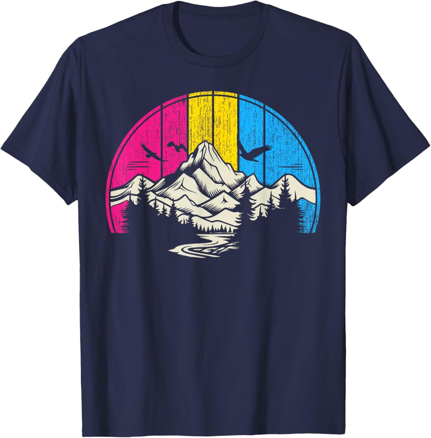 Pansexual Pride Retro Forest Mountain River Art T-Shirt - T-Shirt | Navy