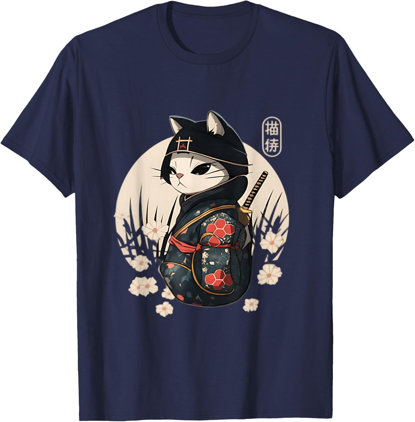 Japanese Samurai Cat Tattoo Kawaii Ninja Cat T-Shirt - T-Shirt | Navy