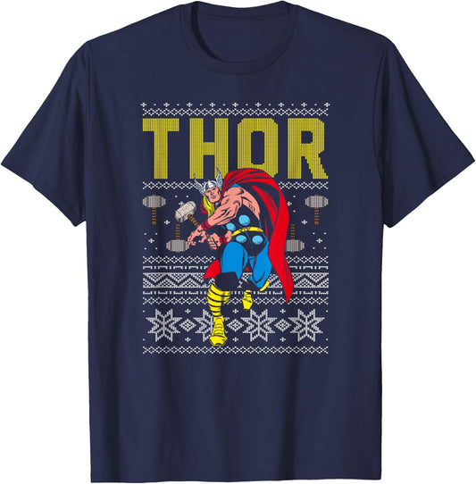 Marvel Thor Retro Ugly Sweater Christmas Graphic T-Shirt - T-Shirt | Navy