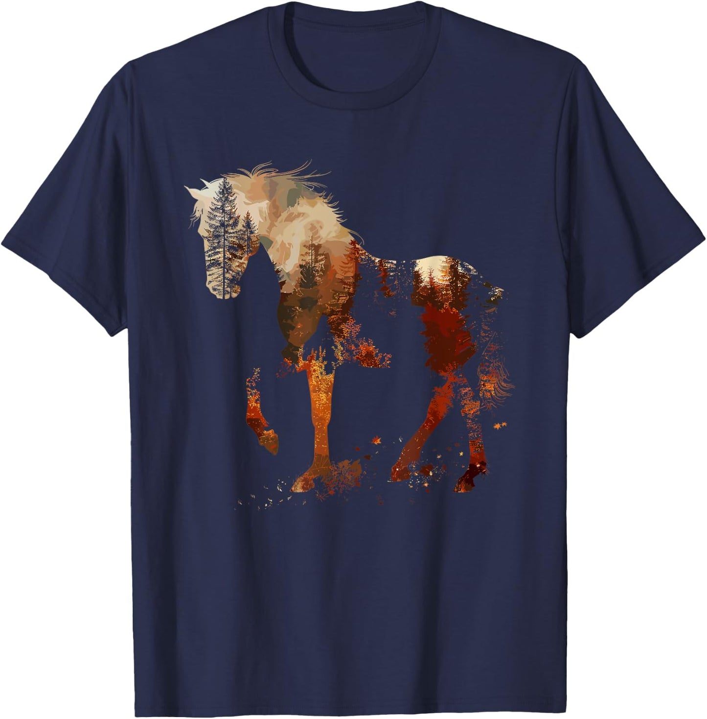 Cute Horse Lover Autumn Leaves Pony Animal Wildlife T-Shirt - T-Shirt | Navy