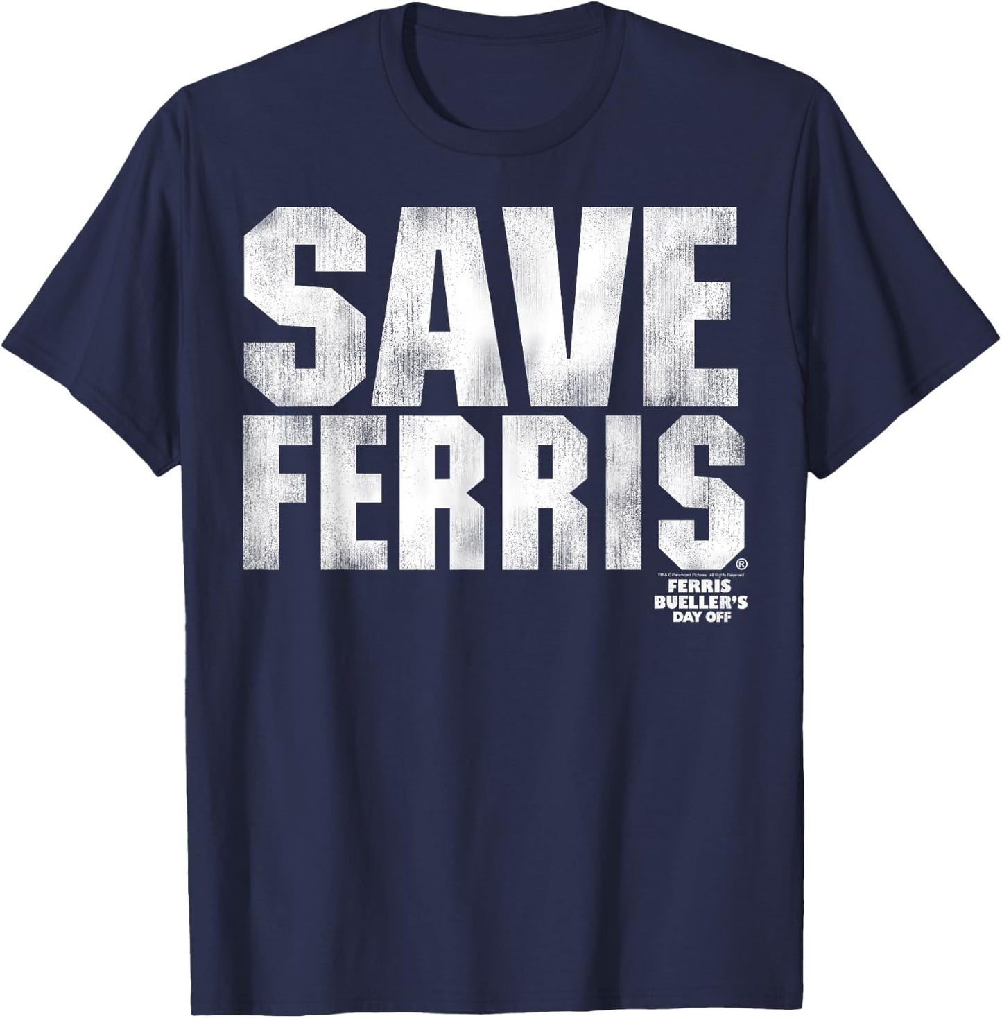 Ferris Bueller's Day Off White Distressed Save Ferris T-Shirt - T-Shirt | Navy