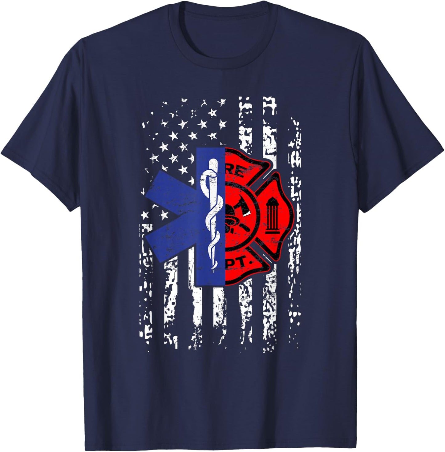 EMT Firefighter Firefighter EMT American Flag Gift T-Shirt - T-Shirt | Navy