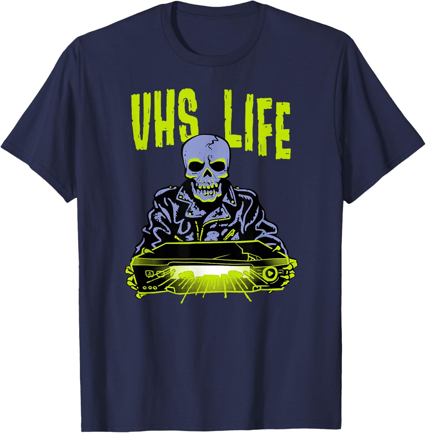 VHS Life - Skull Biker Punk with Glowing Evil VCR T-Shirt - T-Shirt | Navy