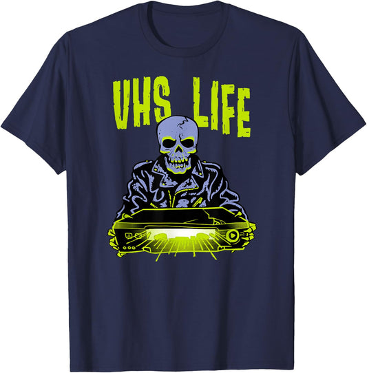 VHS Life - Skull Biker Punk with Glowing Evil VCR T-Shirt - T-Shirt | Navy