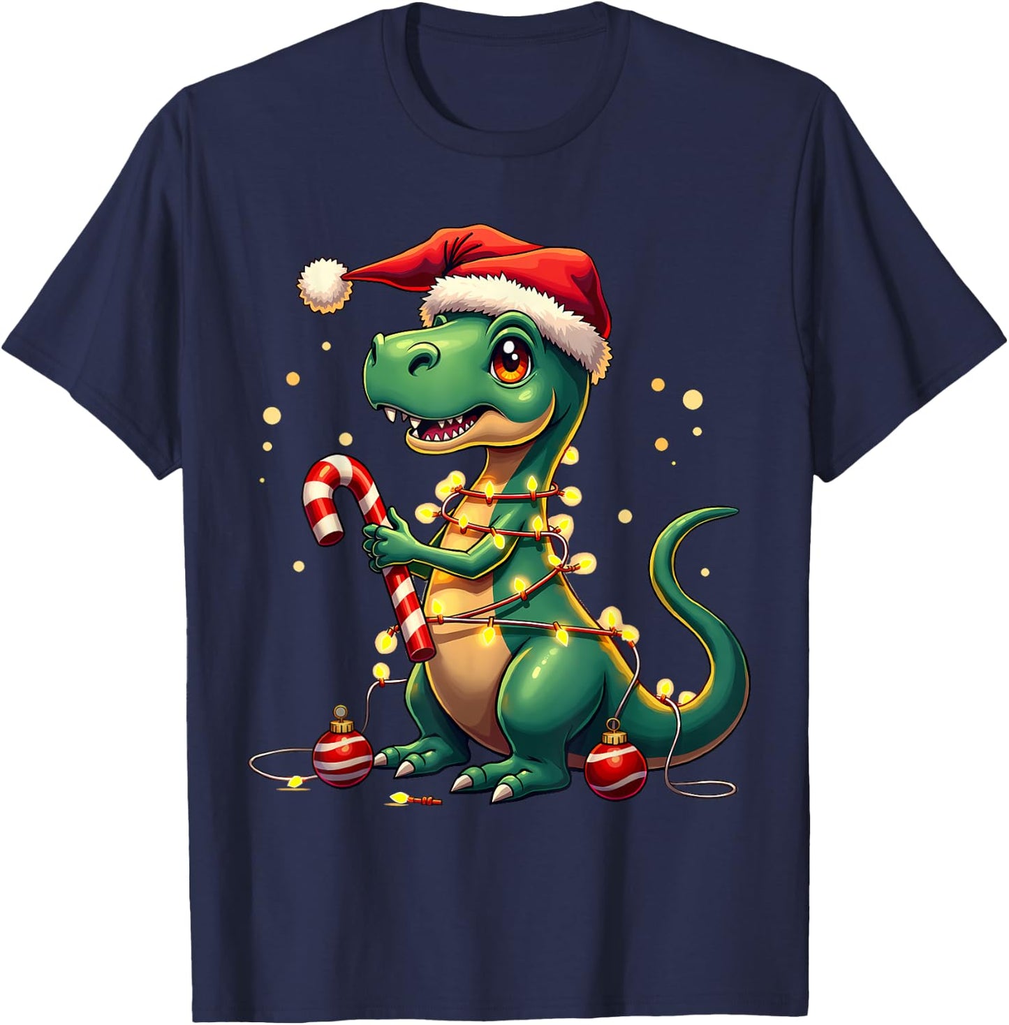 Cute Christmas T-Rex Shirt Dinosaur Lights & Candy Cane T-Shirt - T-Shirt | Navy