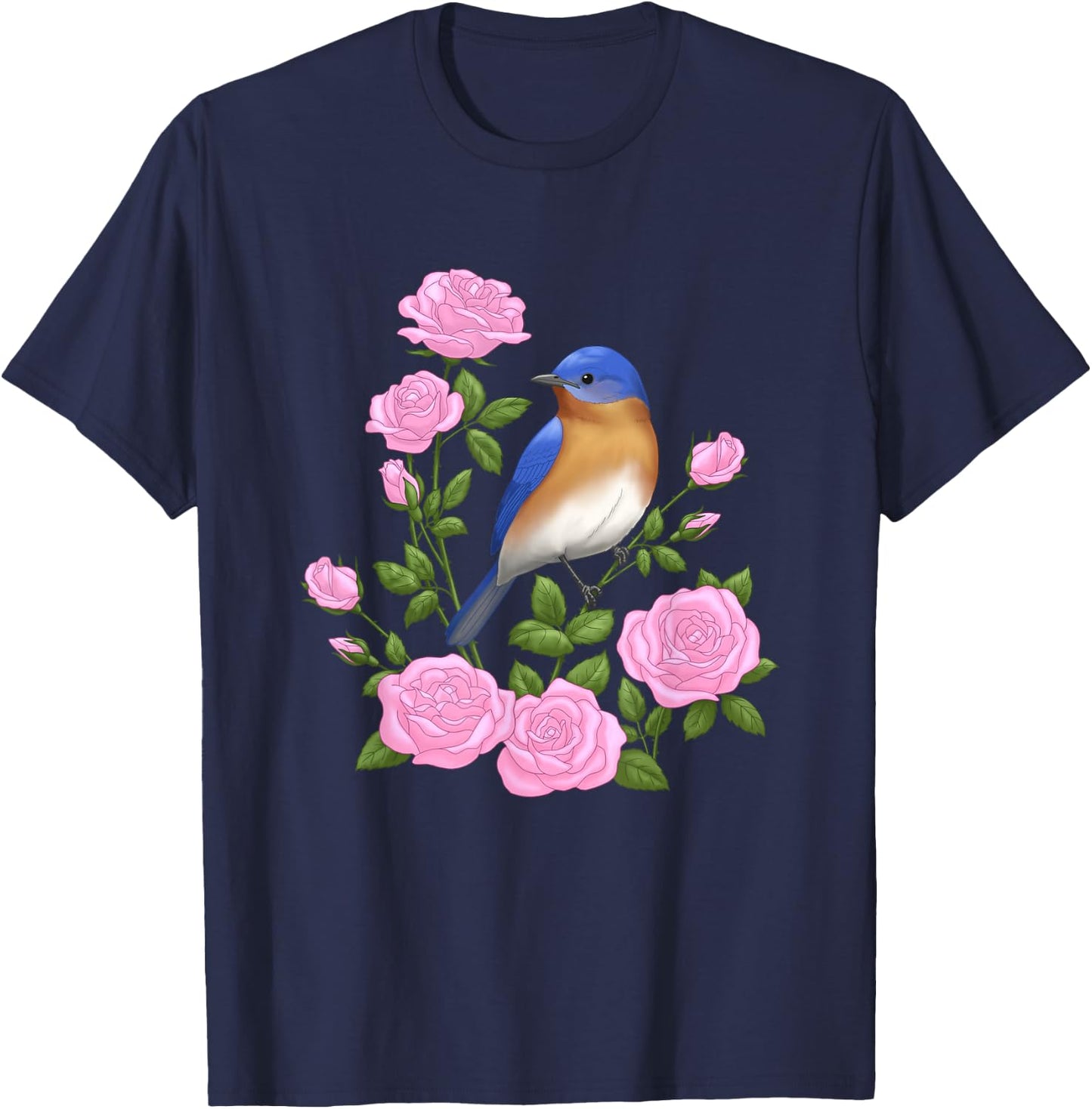 Eastern Bluebird and Pretty Pink Roses T-Shirt - T-Shirt | Navy
