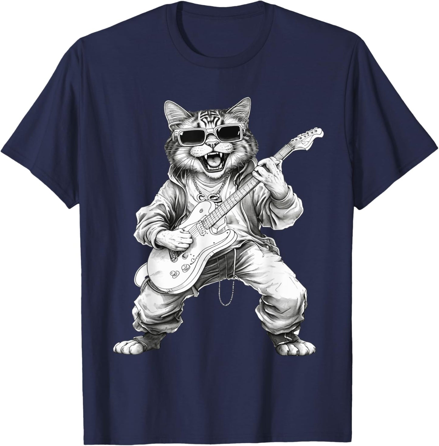 Rock Cat Playing Guitar Funny Guitar Cat Wearing Sunglasses Women Kids T-Shirt - T-Shirt | Navy
