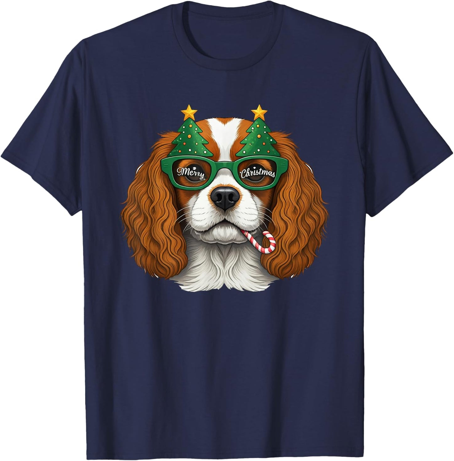 Christmas Tree Sunglasses Cavalier King Charles Spaniel T-Shirt - T-Shirt | Navy