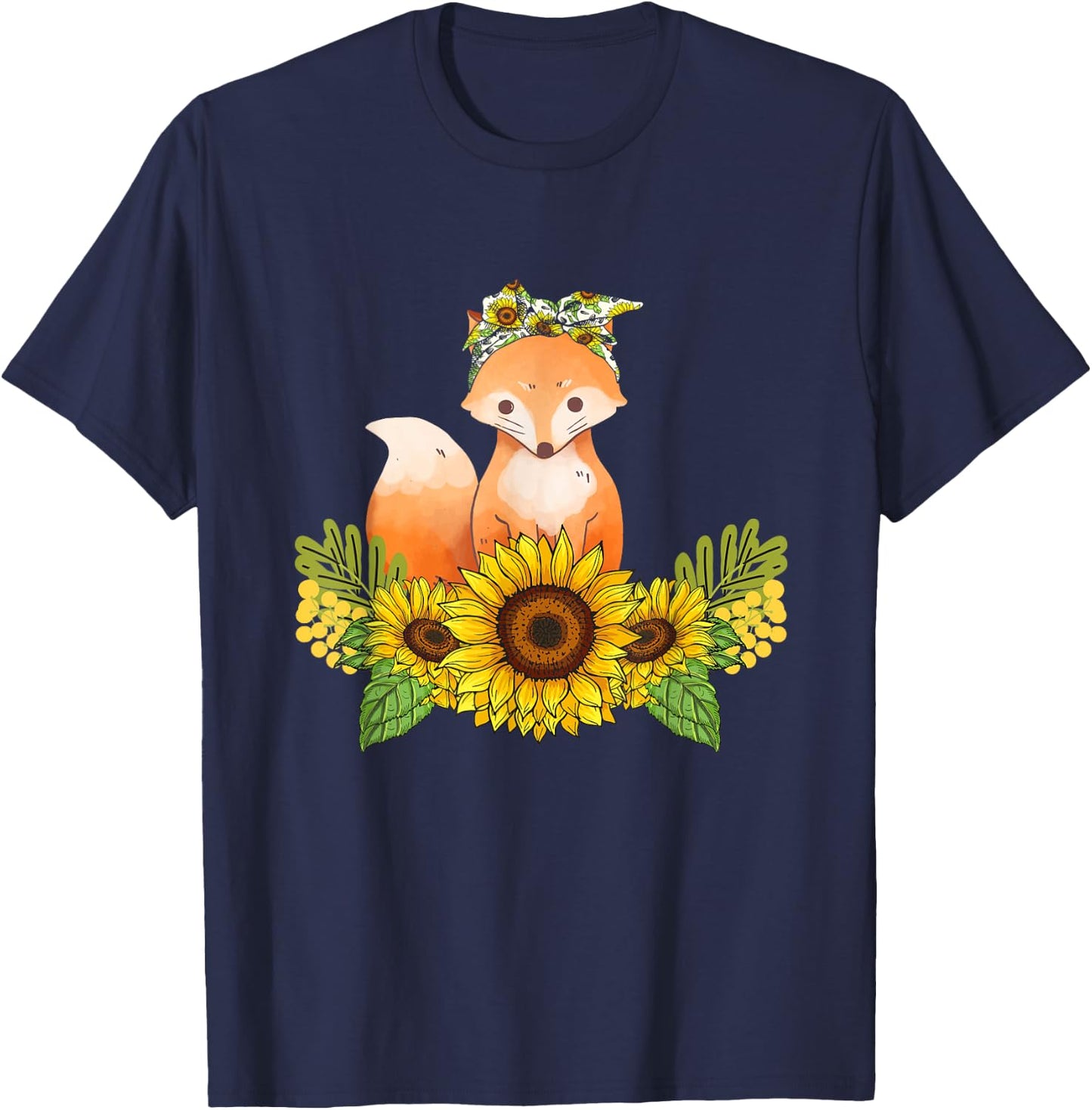 Fox Sunflower Shirt Fox Lover Animals Outfit Dog Owner Women Kids T-Shirt - T-Shirt | Navy