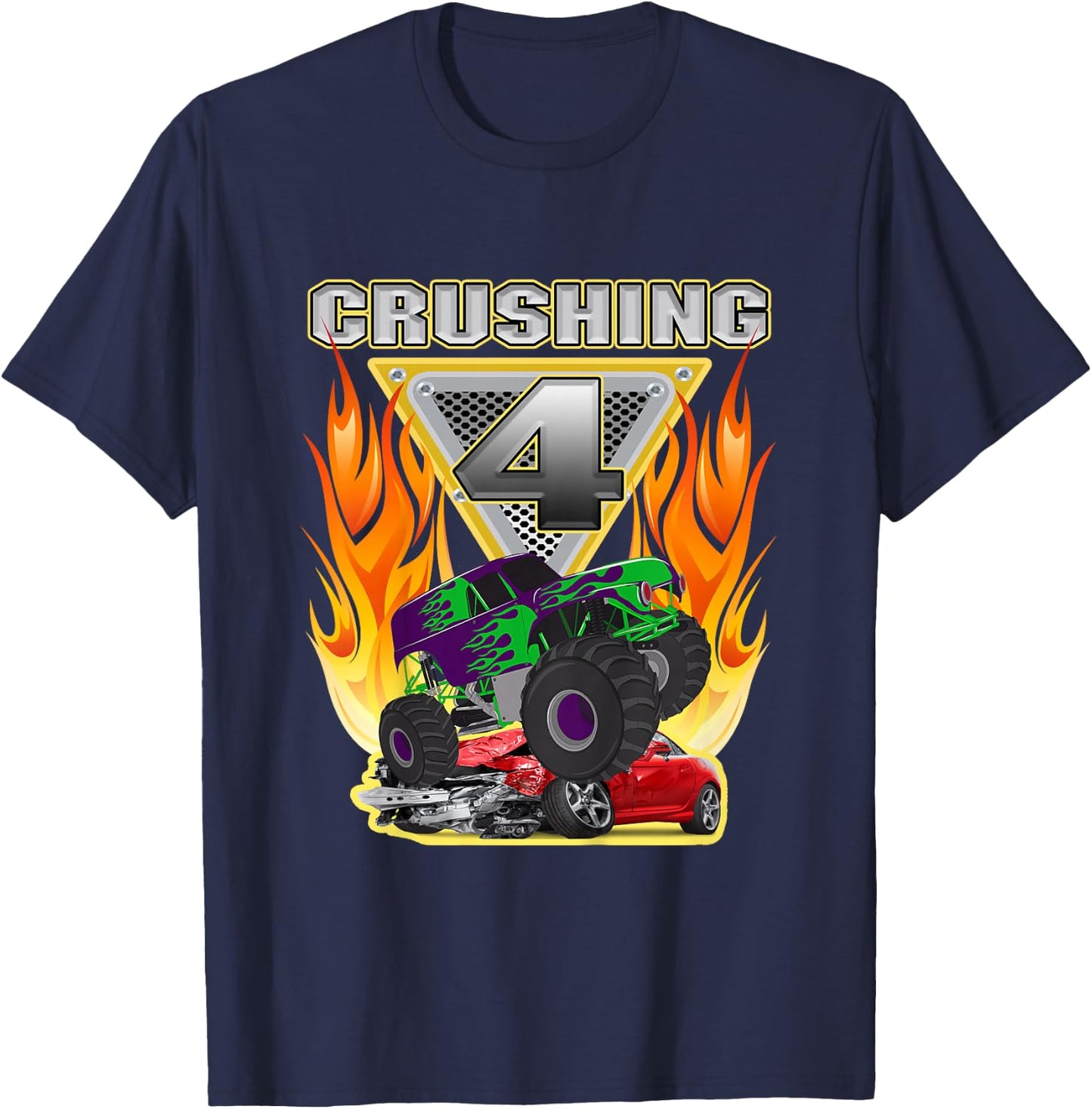 Monster Truck Crushing being 4 four Years Old 4th Birthday T-Shirt - T-Shirt | Navy