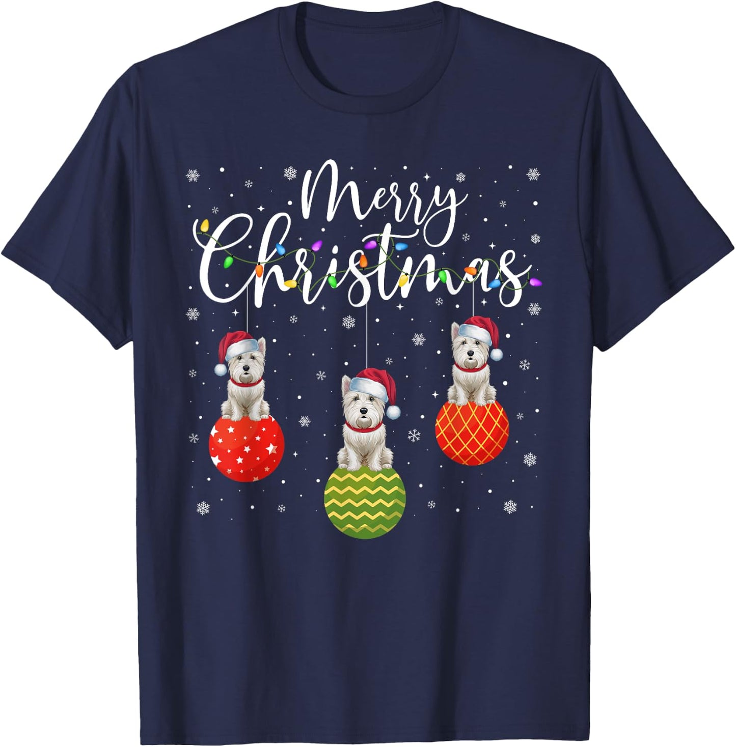 Merry Christmas Lights Santa Hat Westie Dog Ugly Xmas Men Women Kids T-Shirt - T-Shirt | Navy