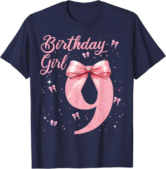 Kids 9th Birthday Girl Coquette Bow Theme 9 Year Old Girls T-Shirt - T-Shirt | Navy