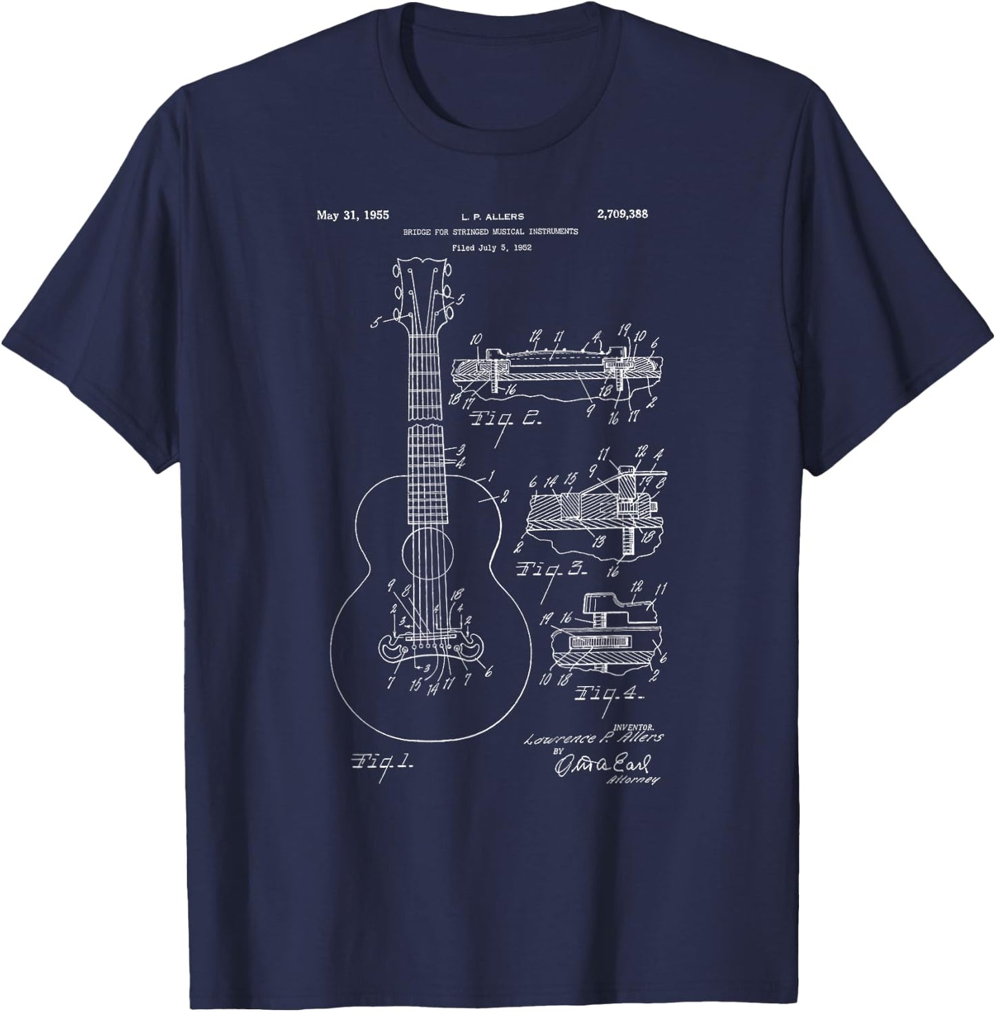 Classic Vintage Patent Print 1955 Guitar Bridge T-Shirt - T-Shirt | Navy