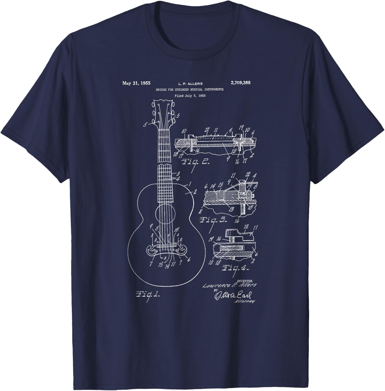 Classic Vintage Patent Print 1955 Guitar Bridge T-Shirt - T-Shirt | Navy