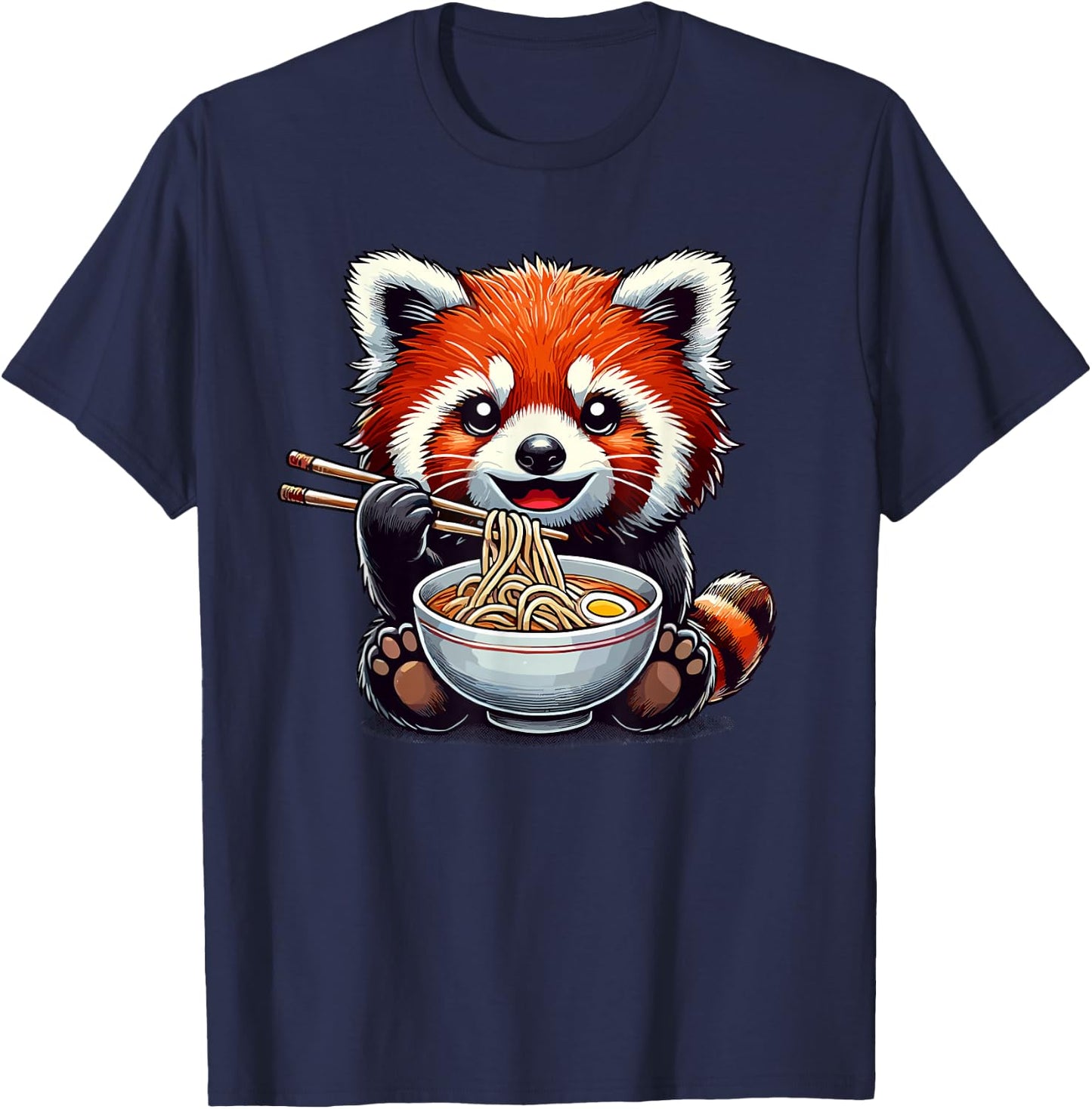 Red Panda Eating Ramen | Kids, Girls, Boys | Cute Red Panda T-Shirt - T-Shirt | Navy