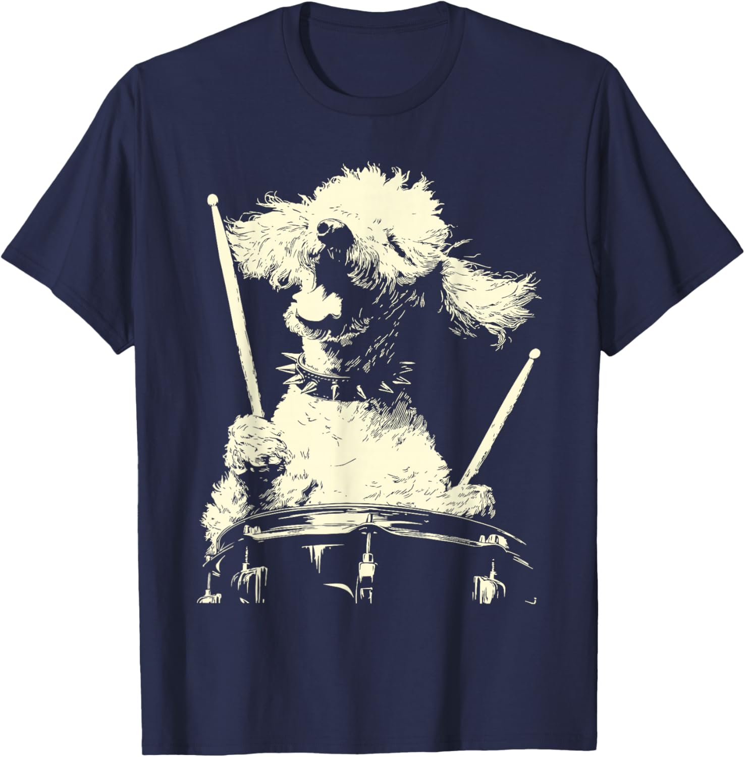 Poodle Playing Drums Funny Musician Dog Drummer Punk Grunge T-Shirt - T-Shirt | Navy