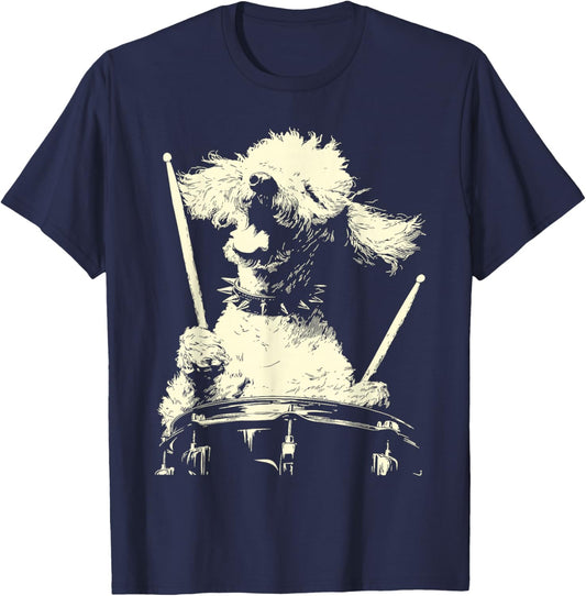 Poodle Playing Drums Funny Musician Dog Drummer Punk Grunge T-Shirt - T-Shirt | Navy