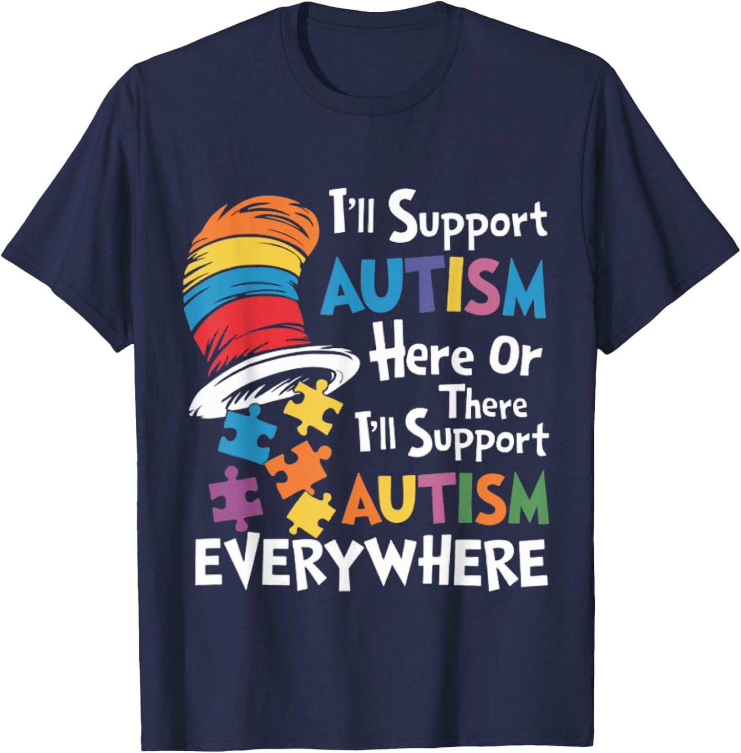 Retro I'll Support Autism Here Hat Puzzles Autism Awareness T-Shirt - T-Shirt | Navy