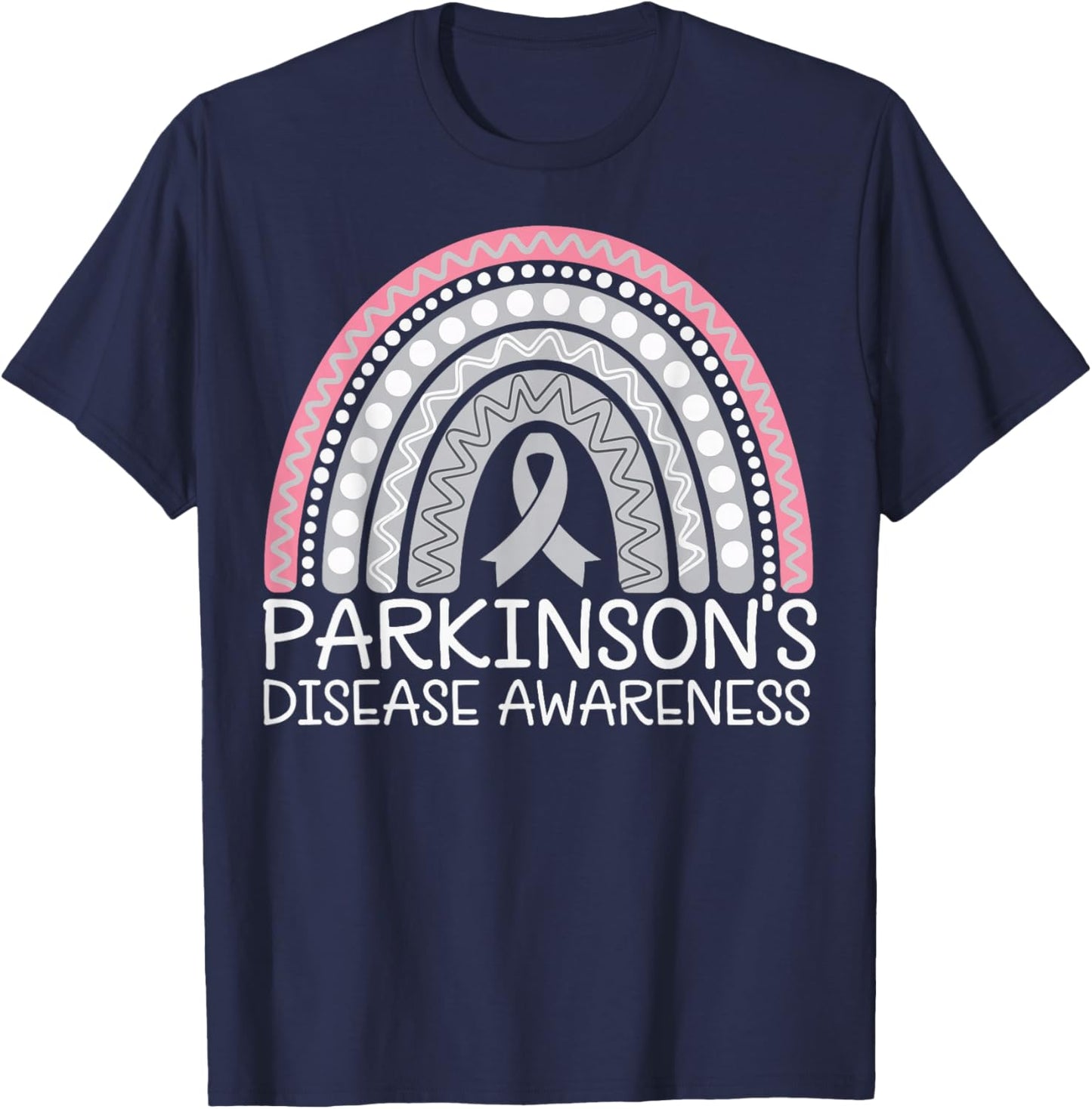 Parkinson's Fighter Gray Riboon -Adults Parkinson's Disease Awareness - Black, Small, Short Sleeve, Crew Collar, Letter Print T-Shirt - T-Shirt | Navy