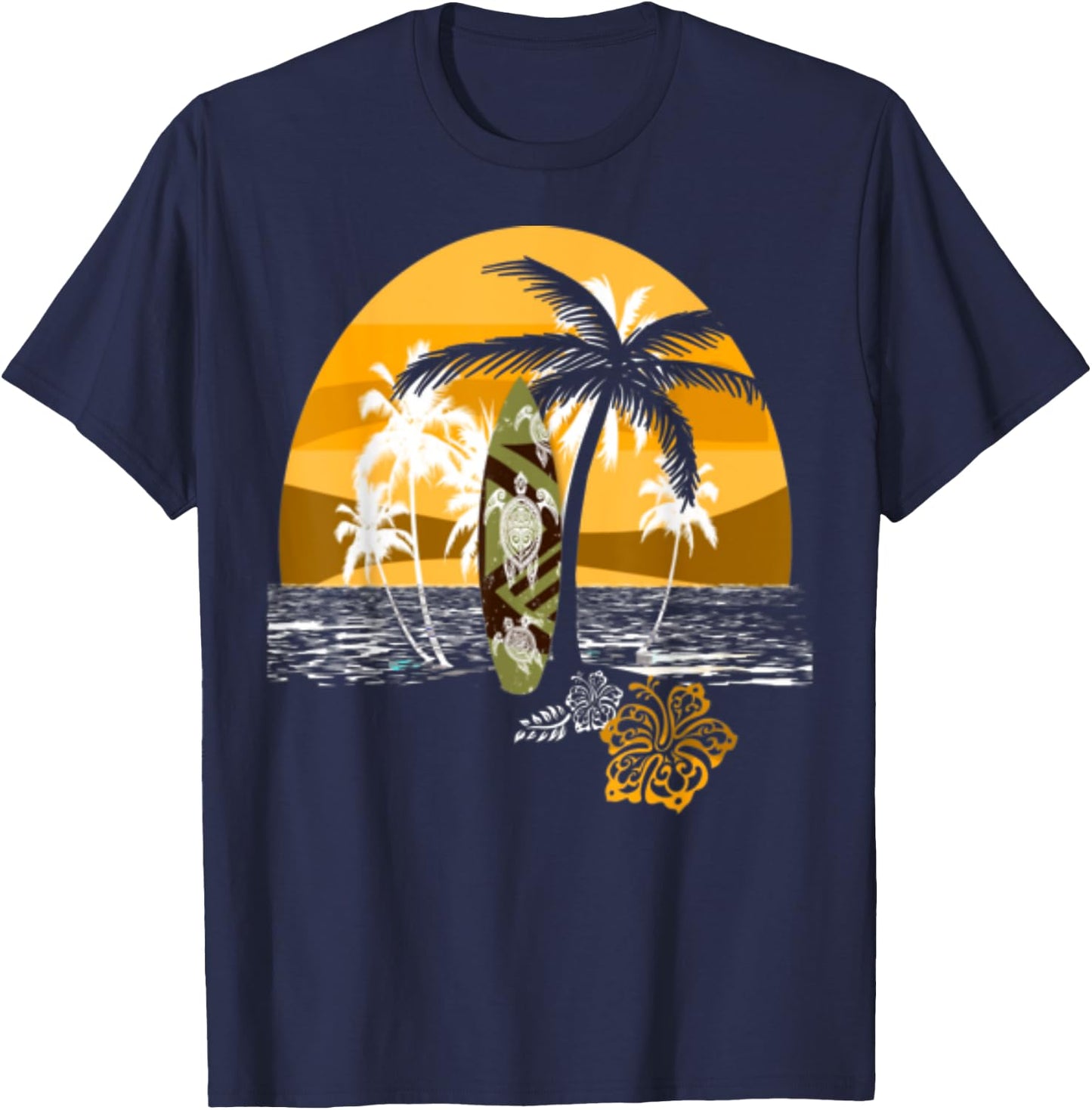 Retro Summer Beach Palm Tree Novelty Men Women T-Shirt - T-Shirt | Navy