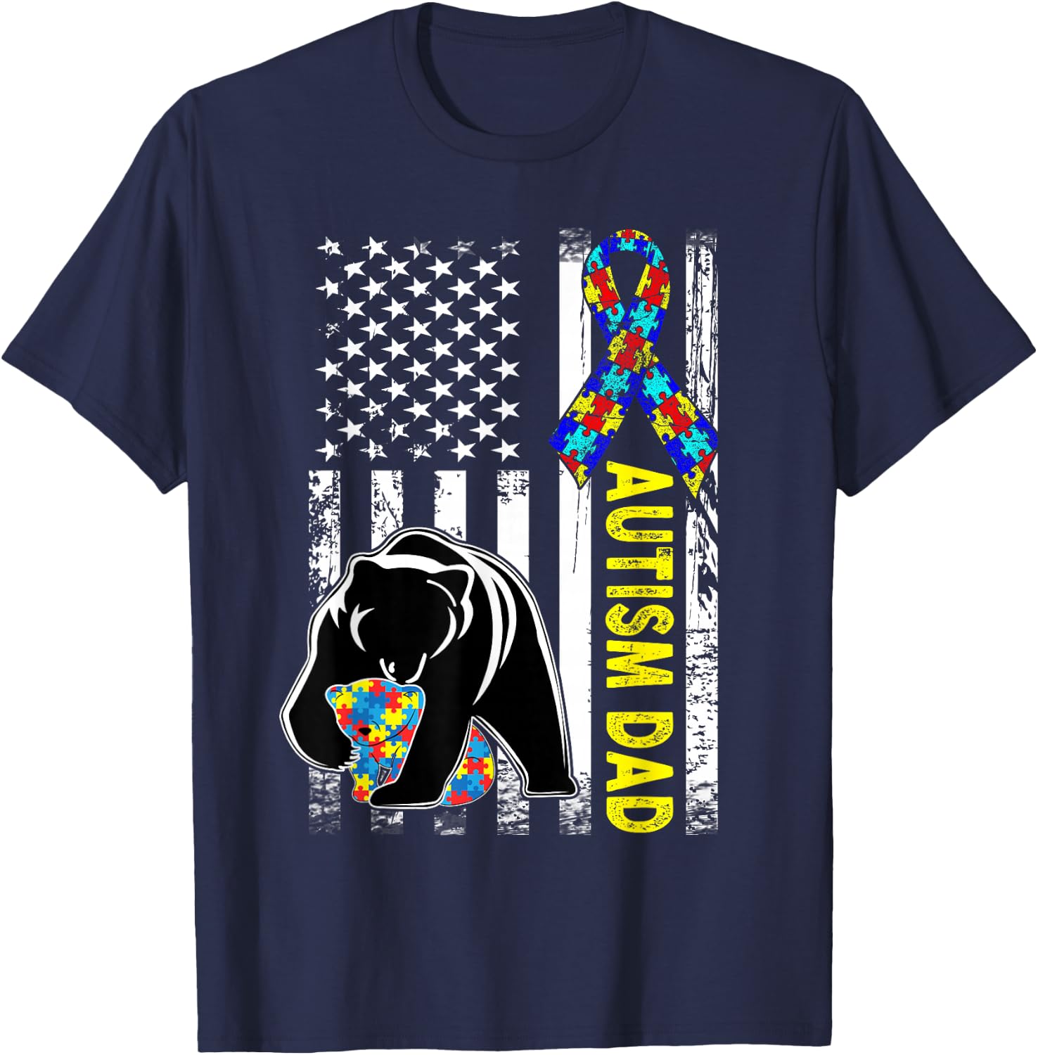 Dad Autism Awareness American Flag Fathers Day Daddy Small T-Shirt - T-Shirt | Navy