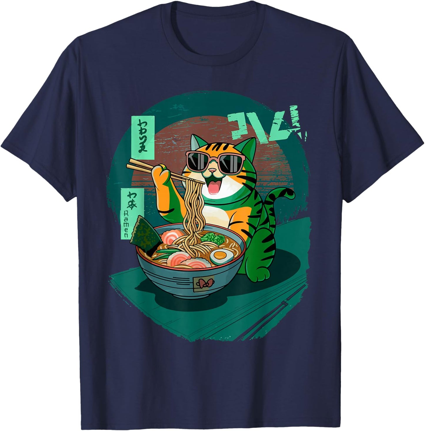 Funny Cat Eating Ramen Graphic Japanese Kawaii Anime T-Shirt - T-Shirt | Navy