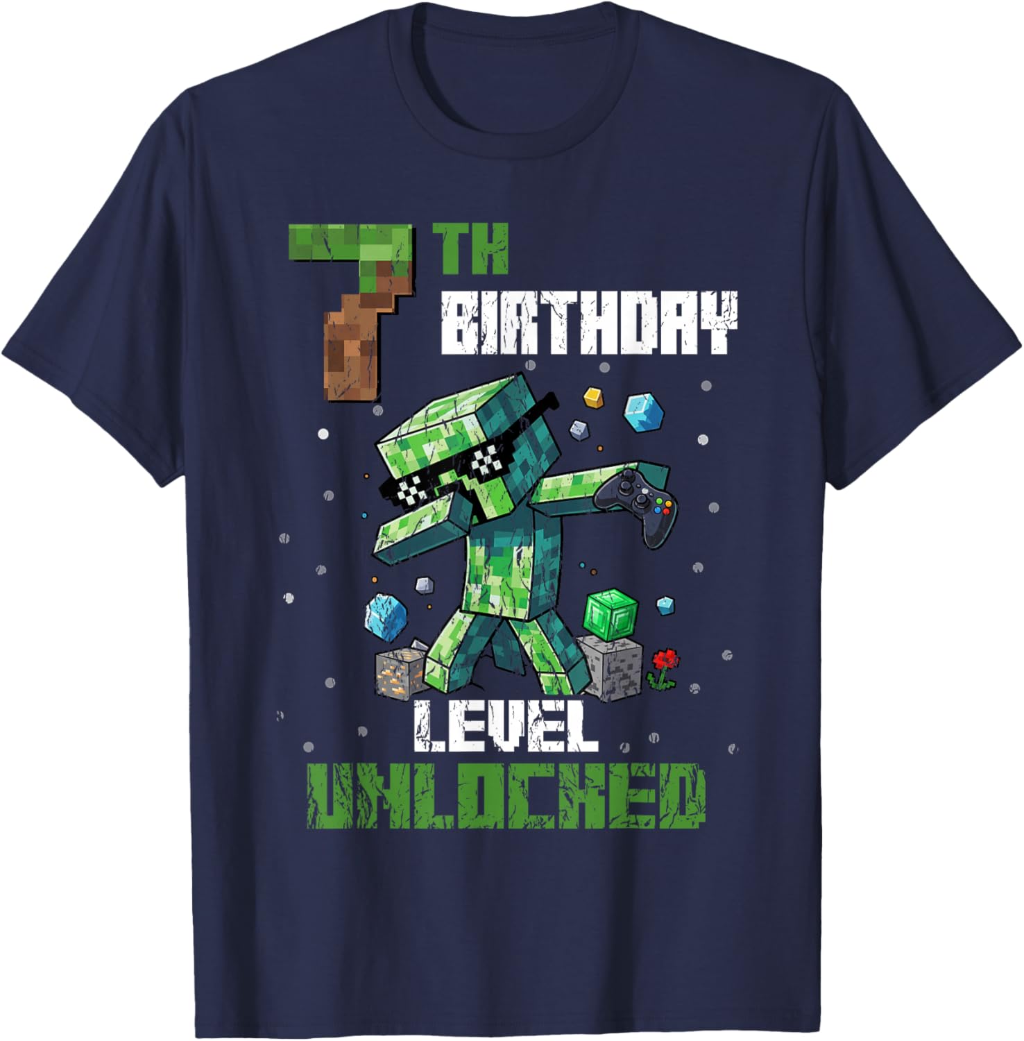 7th Birthday Level Unlocked Pixel Dab 7 Bday Gamer Kids Boys T-Shirt - T-Shirt | Navy