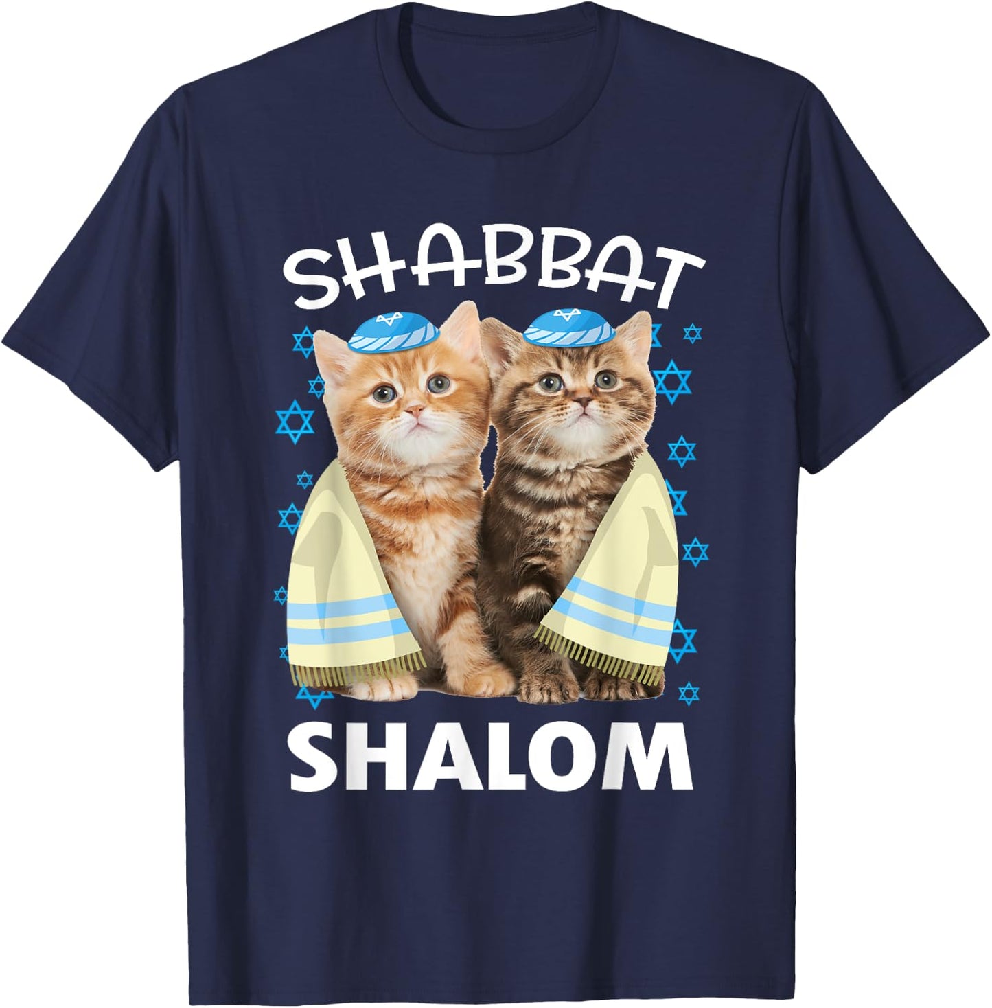 Shabbat Shalom Shirt Cute Cats With Kippah Funny Jewish T-Shirt - T-Shirt | Navy
