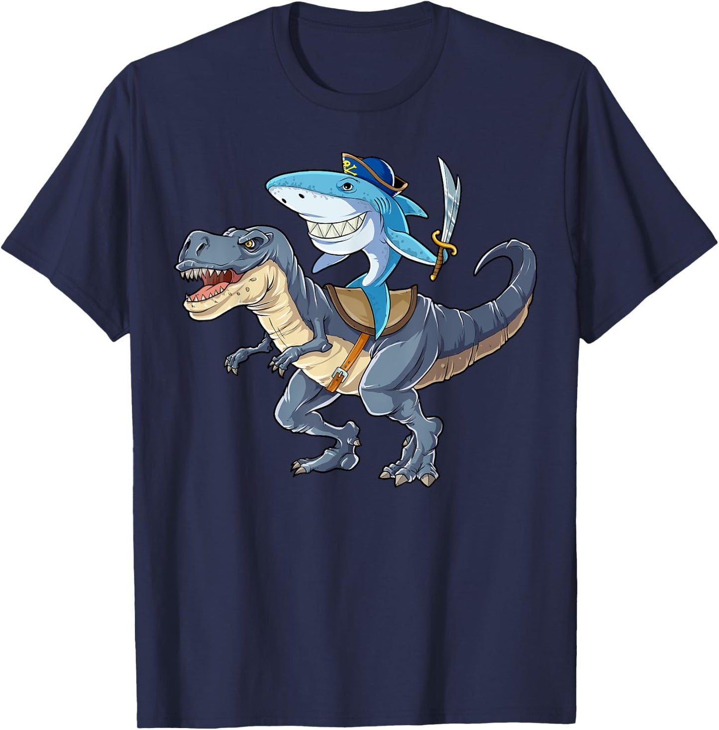 Shark Riding Dinosaur T rex T Shirt Pirate Jawsome Kids T-Shirt - T-Shirt | Navy