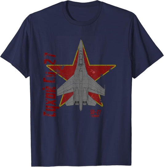 Sukhoi Su-27 Flanker Russian Jet Airplane Vintage Cyrillic T-Shirt - T-Shirt | Navy