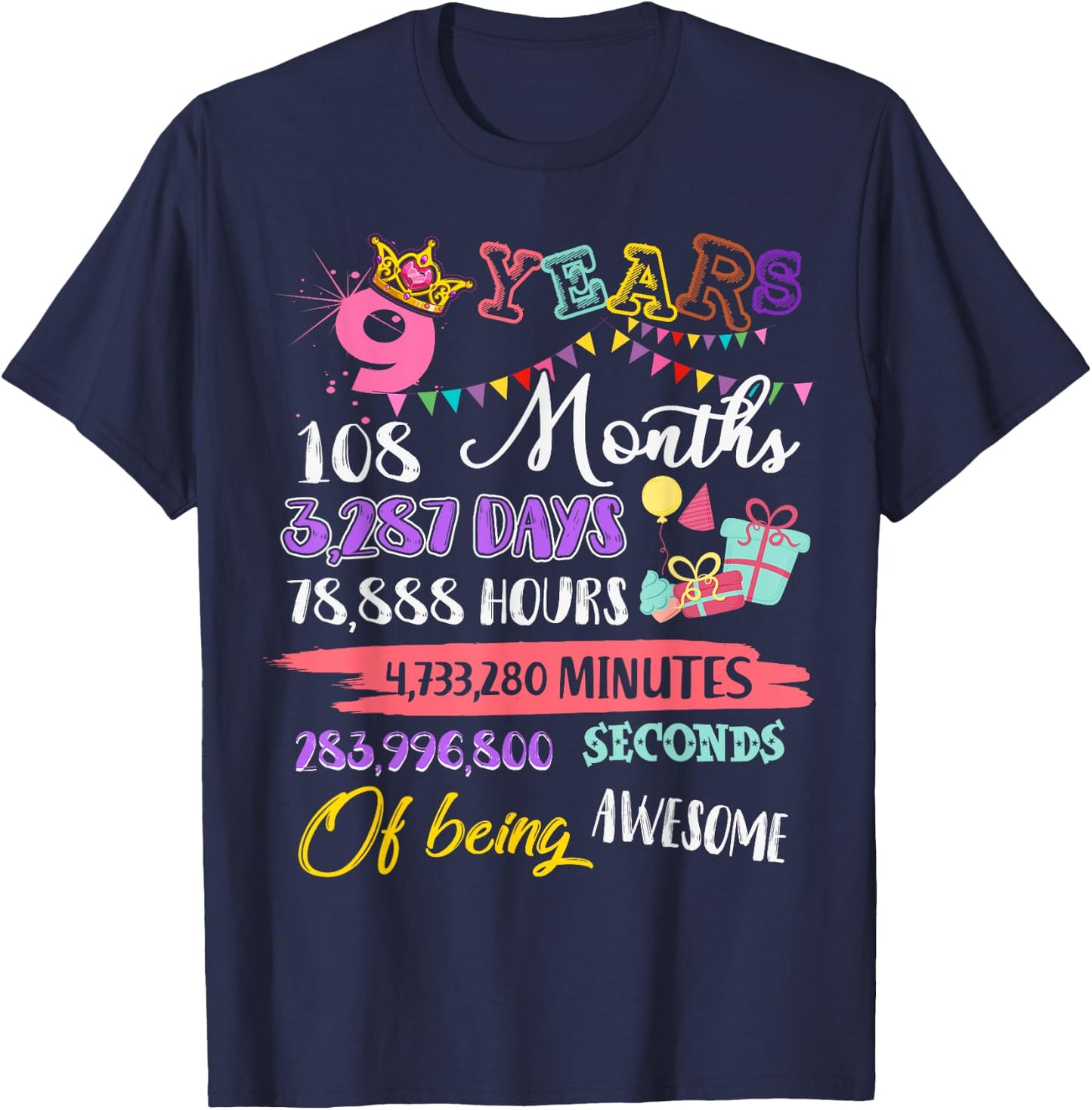 9th Birthday For Girls 9 Years Old Being Awesome Gift T-Shirt - T-Shirt | Navy