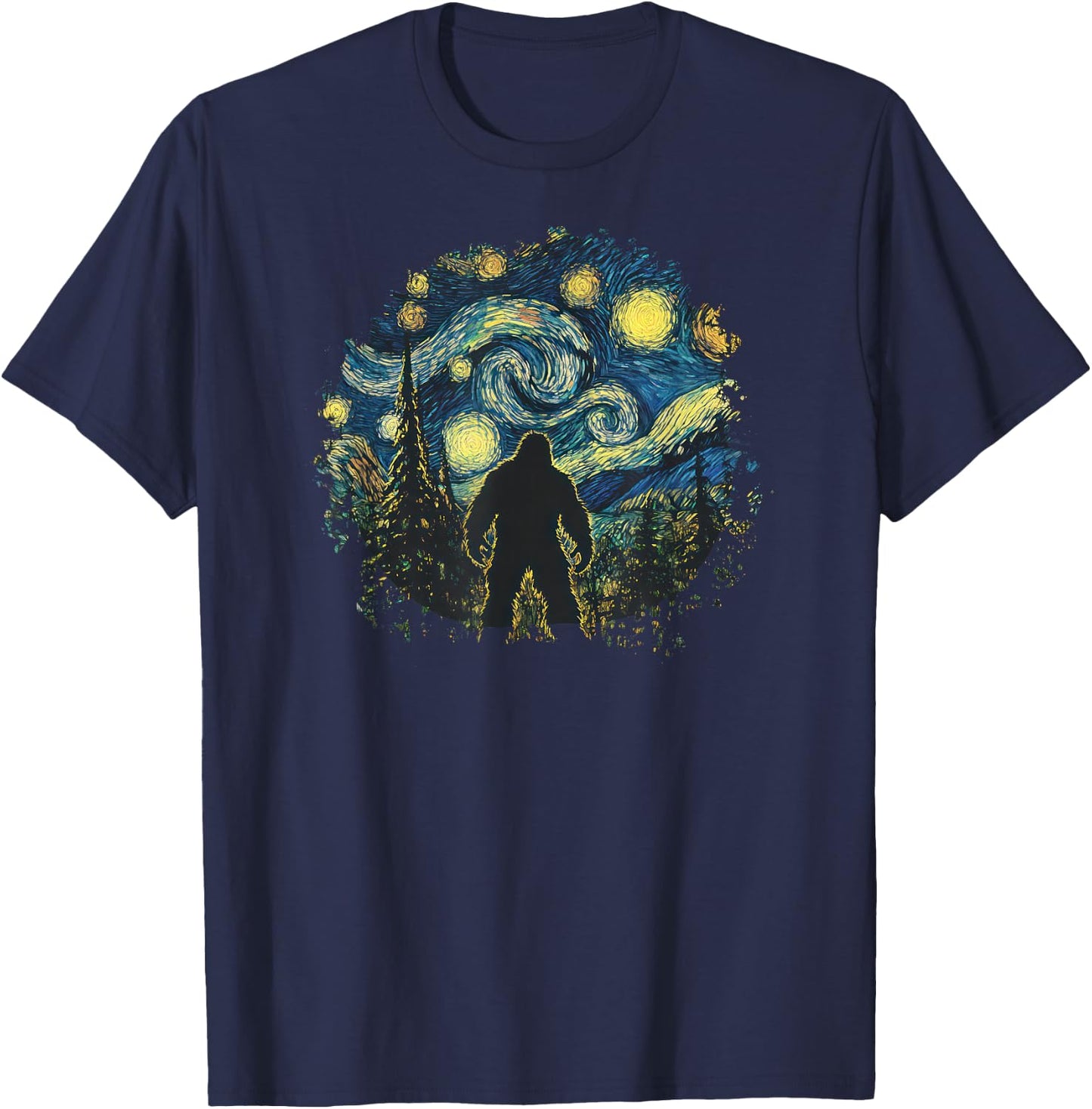 Bigfoot Starry Night Sasquatch Sky Painting Art Graphic T-Shirt - T-Shirt | Navy