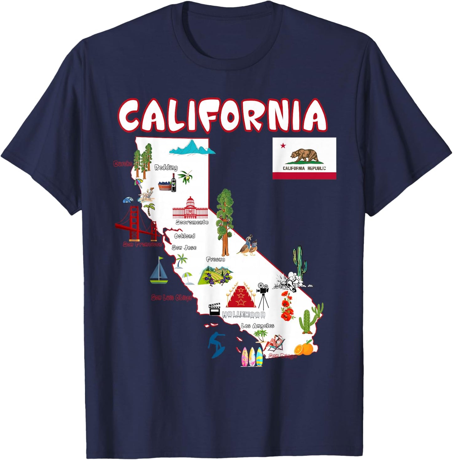 Map of California Landmarks, Major Cities, Flag T-Shirt - T-Shirt | Navy