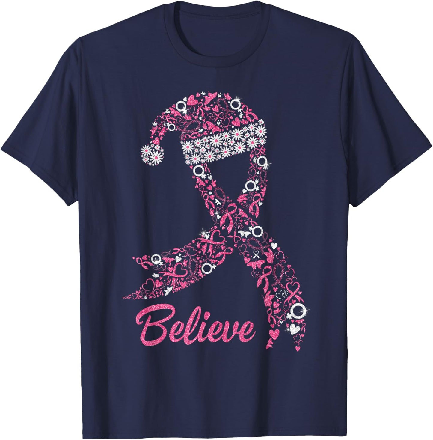 Pink Ribbon Santa Hat Breast Cancer Awareness Christmas Day T-Shirt - T-Shirt | Navy