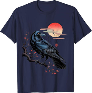 Dark Raven Skull Gothic Crow with Circle and Bone T-Shirt - T-Shirt | Navy