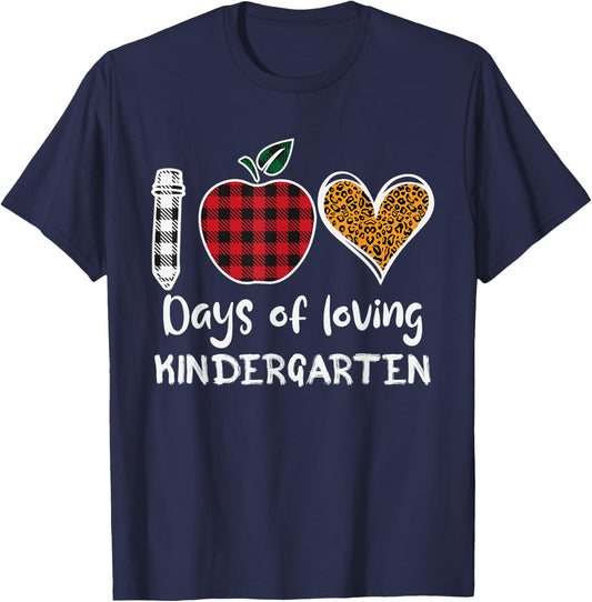 Leopard Plaid 100 Days Of Loving Kindergarten Teacher Kids T-Shirt - T-Shirt | Navy