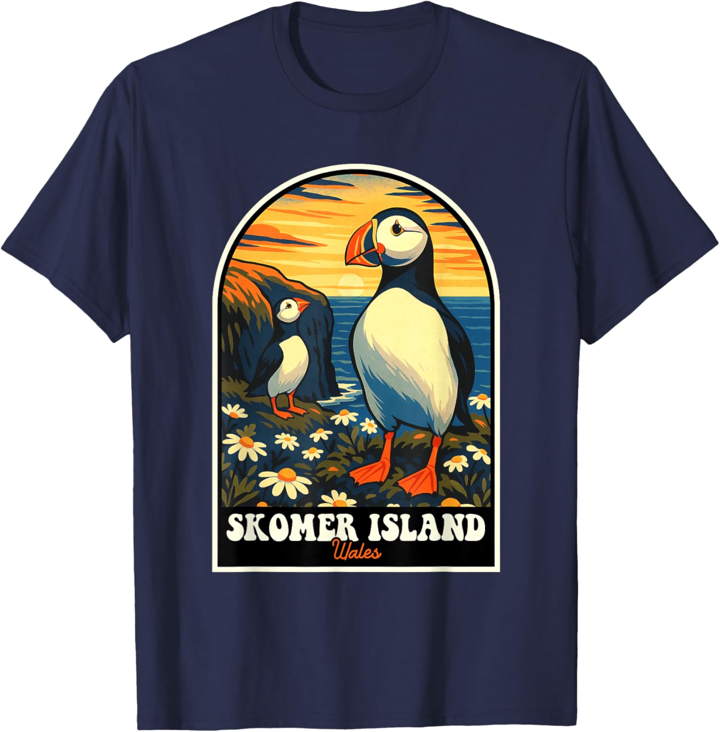 Skomer Island Puffins Vintage Wales Travel Design T-Shirt - T-Shirt | Navy