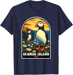 Skomer Island Puffins Vintage Wales Travel Design T-Shirt - T-Shirt | Navy