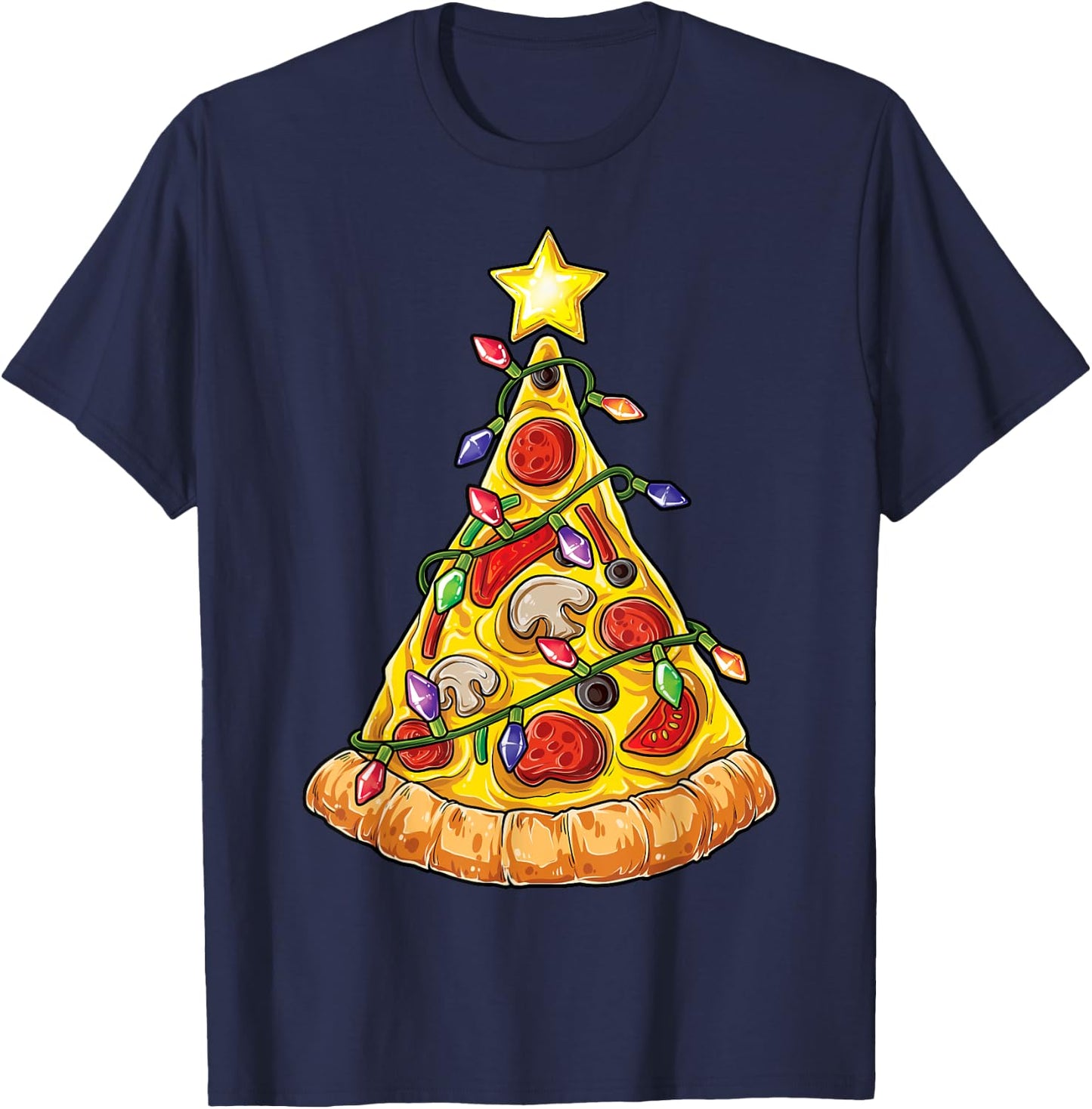 Pizza Christmas Tree Lights Xmas Boys Men Crustmas Pepperoni T-Shirt - T-Shirt | Navy